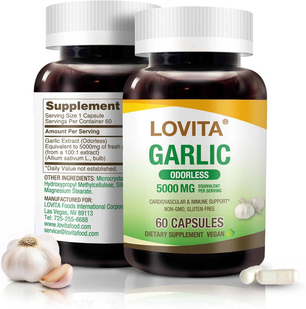 Lovita Odorless σκόρδο κάψουλες, 5000mg φρέσκο σκόρδο ισοδύναμο, 1,25% εκχύλισμα αλλικίνης, υποστηρίζει την καρδιά, την πίεση του αίματος, χοληστερόλη & ανοσοποιητικό σύστημα, μη ΓΤΟ, χωρίς γλουτένη, 60 κάψουλες Vegan