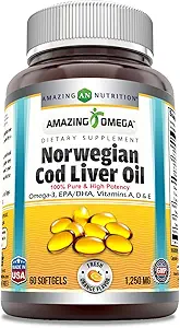 Amazing Omega Norveç Cod Liver Oil 1250 Mg Softgels Supplement | Omega-3, EPA, DHA, A, Vitamin D & Vitamin E (Tamam 60)