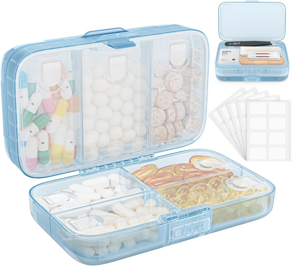 FYY Weekly Pill Organizer with Etiketler,8 Karşılaştırmalar Seyahat Günlük Pill Case Airtight Moistureproof Büyük Pill Box to Hold Vitamins, Fish Oil, Supplements,Cotton Swab ve Bandages-Blue
