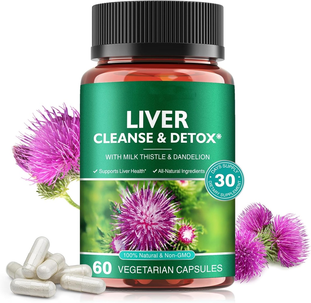 Liver Cleanse & Detox Pills for Liver Health Repair - Milk Thistle Extract, Dandelion Root, Ginger, Beetroot Toz & Vitamins - Natural Liver Support, 60 Vegan Capsules