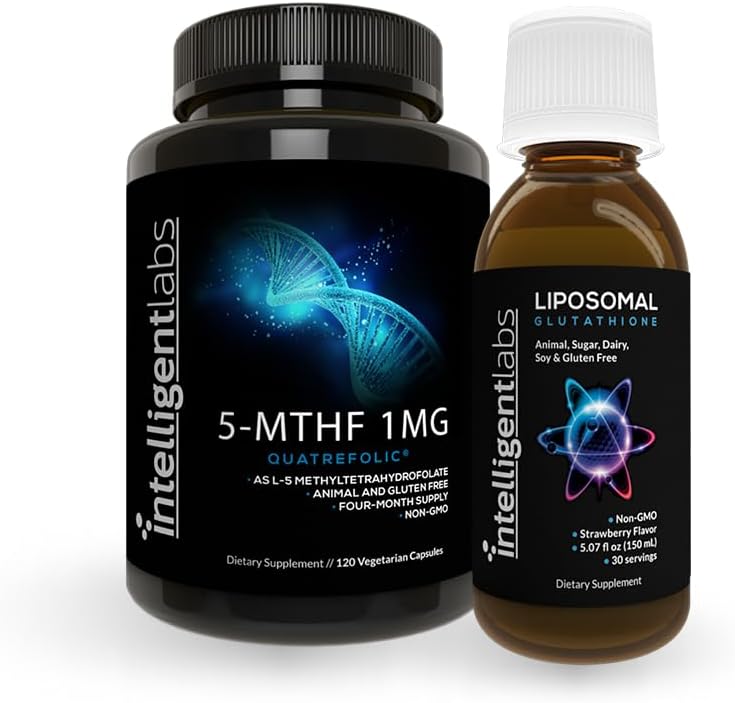 Intelligent Labs 2-σε-1 Bundle of 500MG Liposomal Glutathionone (Συμπλήρωμα Liquid Antioxidant) και 1MG 5-MTHF Methylfolate as Quatrefolic Acid® (Συμπλήρωμα MTHFR για την υποστήριξη της μεθυλίωσης)