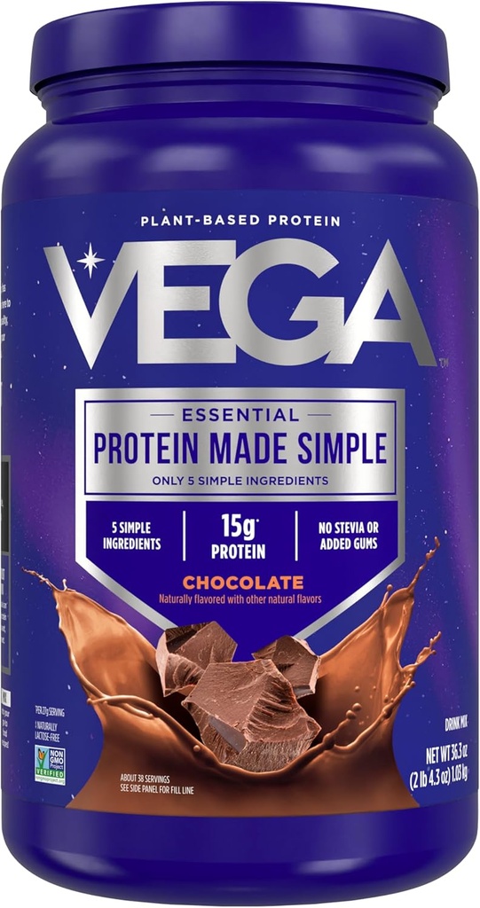 Vega proteini Basit Yaptı - 15g Plant-Based Pea Protein, Çikolata, 39 Hizmet, Stevia Free, No Yapay Sweeteners veya Gums, Non-GMO, Gluten Free, Dairy Free, 2.3lbs (Pazarlama May Vary)