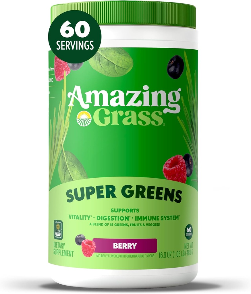 Amazing Grass Greens Blend Superfood: Super Greens Toz Smoothie Mix with Spirulina, Chlorella, Beet Root Toz, Digestive Enzymes & Probiyotiks, Berry, 60 Hizmet (Pazarlama Mayıs Vary)