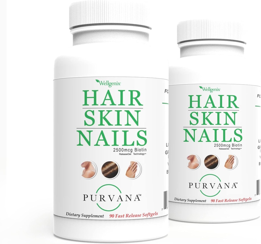 Wellgenix Purvana Saç, Skin ve Nails Yüksek Aborpsiyon için Softgels - Double Strength 250006 Biotin, VIT A & B ( Count90) 2 Pack