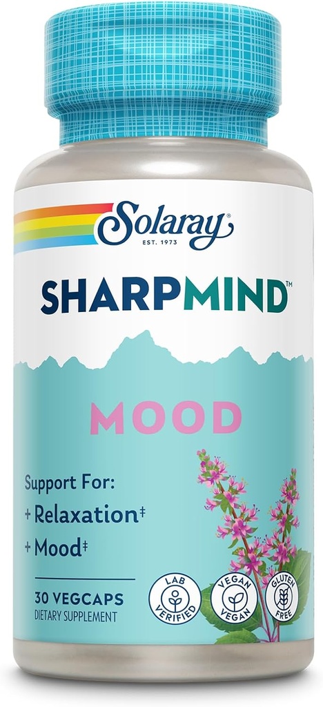 SOLARAY SharpMind Mood Support Supplement, Nootropic for Relaxation and Stress Relief, Zembrin, Holy Basil, Lityum 5 mg, Organik Reishi Mushroom, 60 Day Garanti, 30 Hizmet, 30 VegCaps