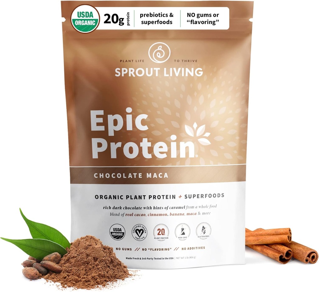 Sprout Living Epic Protein, Plant Based protein & Superfoods Toz, Chocolate Maca Toz | 20 Grams Organik Protein Toz, Vegan, Süt, Non-GMO, Gluten Free, Low Sugar (1 Pound, 12 Hizmet)