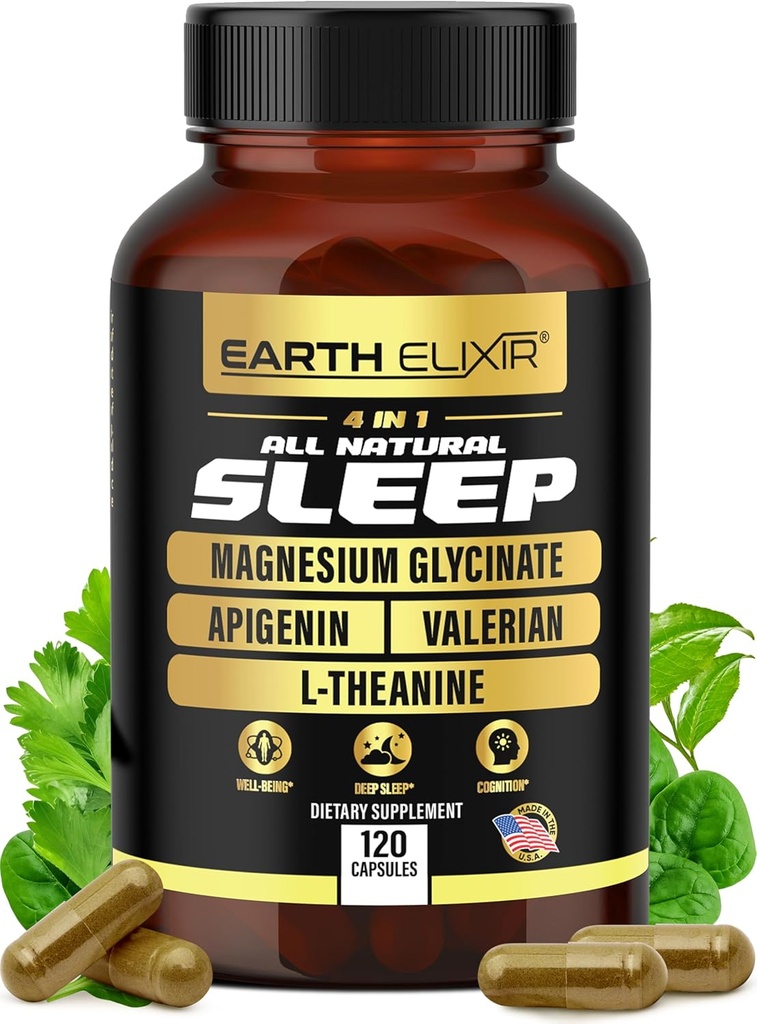 Earth Elixir 4-in-1 Sleep Aid (120 Caps) w/Apigenin 50mg, Μαγνήσιο Γλυκινικό 200mg, L Theanine 200mg & Βαλεριάνα Root for Sleep Aid 300mg 