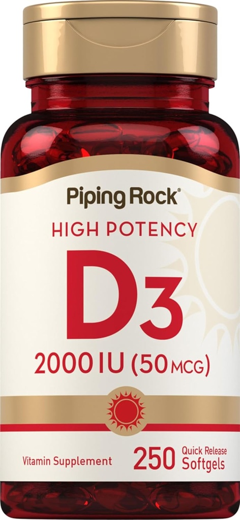 Piping Rock Vitamin D3 2000 IU | 250 Softgels | Yüksek Potency | Cholecalciferol Supplement | Non-GMO, Gluten Free