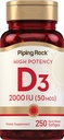 Piping Rock Vitamin D3 2000 IU | 250 Softgels | Yüksek Potency | Cholecalciferol Supplement | Non-GMO, Gluten Free
