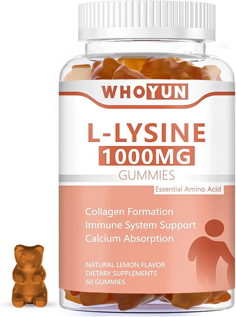 L-Lysine 1000 mg Gummies, Chewable Lysine Supplement for Yetişkinler, Immune Support, Collagen Formation Support, Lemon Flavor, 60 Count
