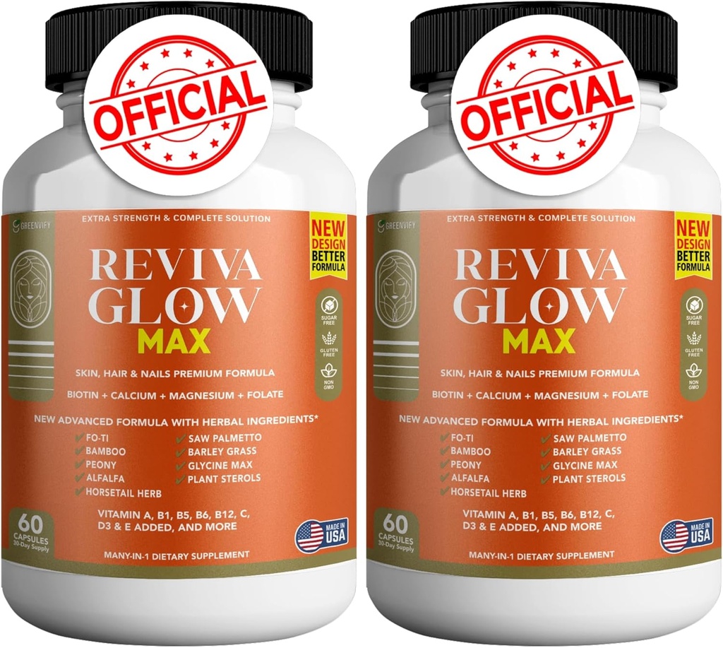 Reviva Glow Max - Saç, Skin & Nails Support Supplement | Biotin, Kalsiyum, Magnezyum, Folate & Herbal Mix | Premium Formula | 120 Capsules, Vegan & Gluten-Free Free