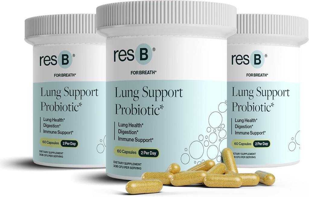 Resbiyotik resB Lung Support Probiyotik Supplement - Lung Health Supplement for Smokers, Gut Health, Immune Support, Respiratory Care, Holy Basil, Turmeric, Klinik olarak Denemek - 180 Capsules (3 Şişe)