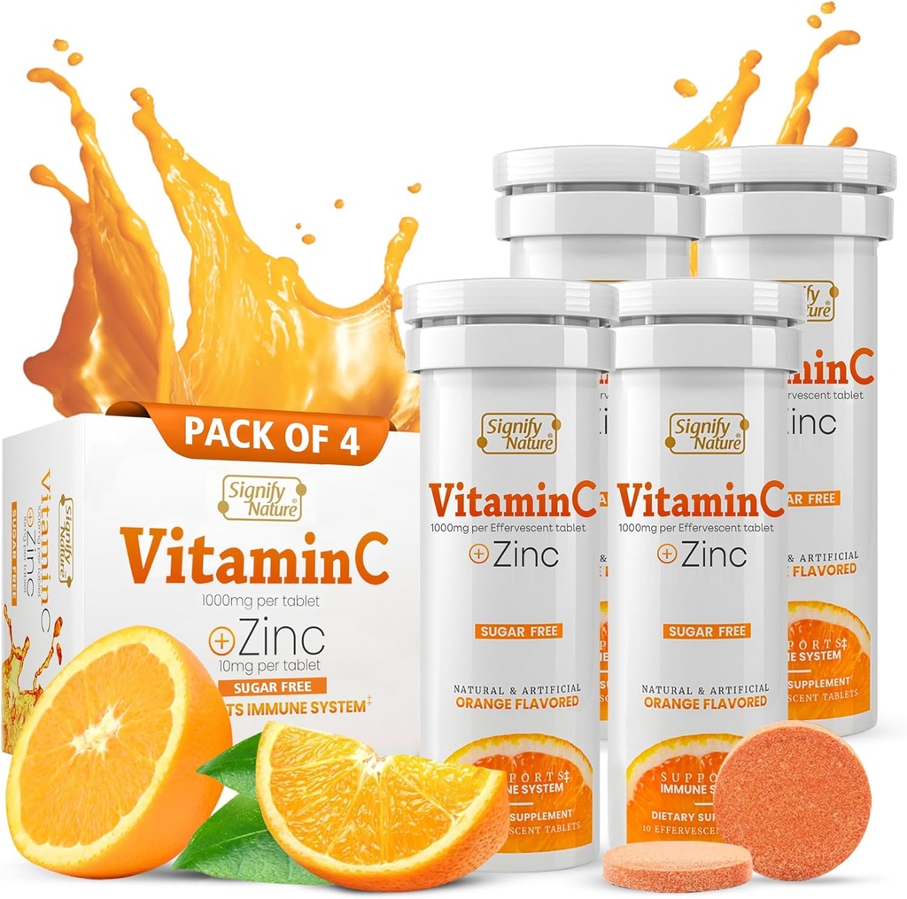 SIGNIFY NATURE Vitamin C 1000mg Effervescent Tablets - Potent Immune Support VIT C with Zinc Supplement - Sugar-Free & Vegan Formula | Dissolvable Vitamin C Tablets - Water Soluble Fizzy Elixir - 40CT