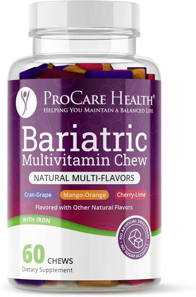 ProCare Health | Bariatric Multivitamin | Soft Chew | 22.5mg Iron | Individually Wrapped | Multi-Flavor | Cran-Grape, Mango-Orange, Cherry-Lime | 60 Count | 1 Month Supply