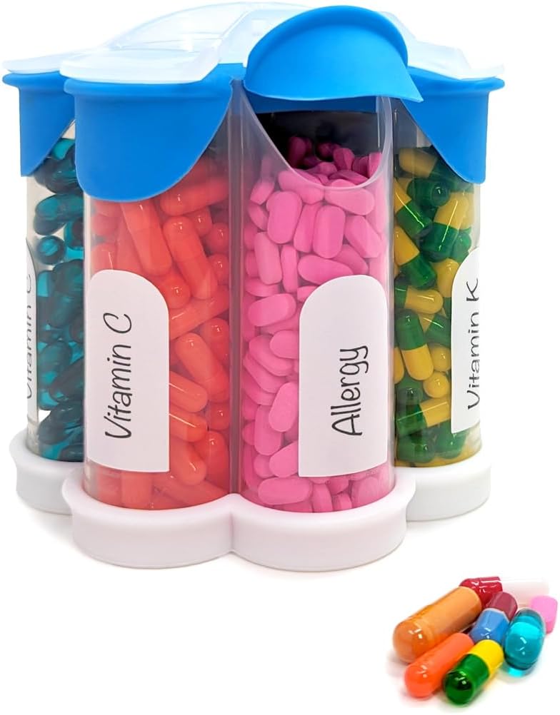 Ekstra Büyük Pill Organizer Günlük, Haftalık, Aylık Tamam Şişe, Sevimli Çiçeği 7 XL Karşılaştırmalı, Vitaminler için Kolay Açık Pill Box, İlaçlar, Dahiller (Mavi)