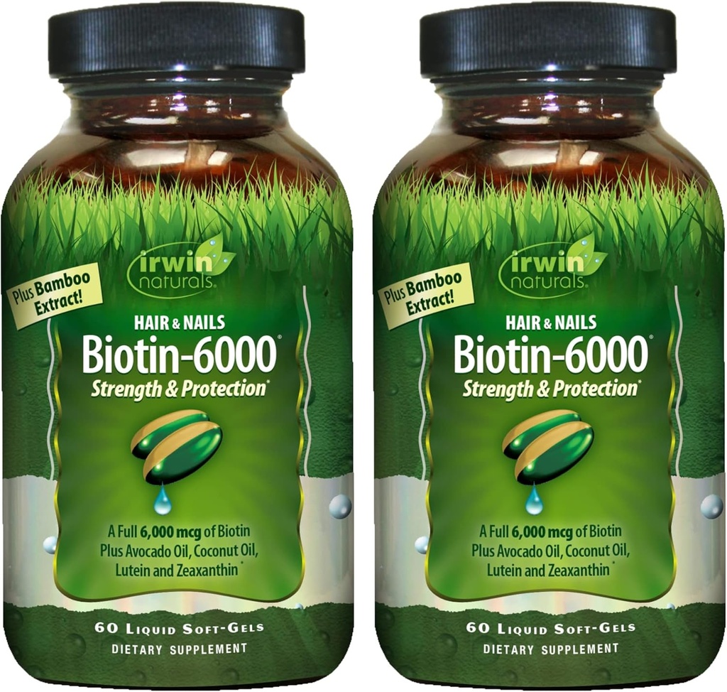 Irwin Naturals Biotin-6000-60 Liquid Soft-Gels, Pack of 2 - Υποστηρίζει δύναμη & προστασία για τα μαλλιά & τα νύχια - με λάδι Avocado, λάδι καρύδας, λουτεΐνη & ζεαξανθίνη - 60 Total Services