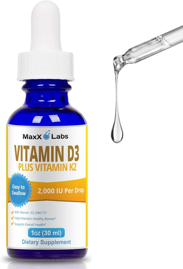D3 Vitamin K2 Sıvı Ayaklar - Sıvı Vitamin-D3 2000 IU Yetişkinler ve Çocuklar için K2 Supplements ile Geri Dönüş - Sağlıklı Kemikler için VIT D, Kalp ve Immune Health - Vitamin D K2 MK7 Dropper 1 Oz