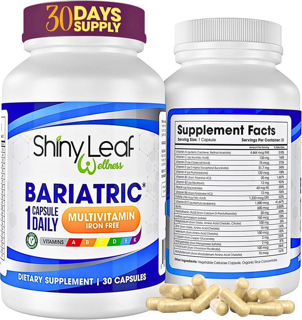 Shiny Leaf Bariatric Multivitamin Without Iron - Βιταμίνες για γαστρική παράκαμψη & μανίκι, 1 Καθημερινή κάψουλα W Βιταμίνη Α, C, D, Βιοτίνη, Ψευδάργυρος, B12, K, Χορτοφαγική, χωρίς σόγια, GMP Cert., Made in USA (30 Ct.)