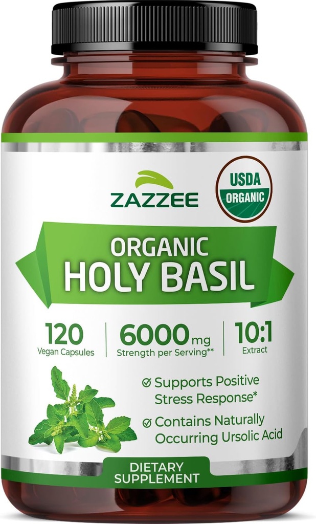 Zazzee USDA Organic Holy Basil 10:1 Extract, 6000 mg Strength, 120 Vegan Capsules, Concentrated and Standardized 10X Tulsi Extract, Ursolic Acid, 100% Certified Organic, Non-GMO