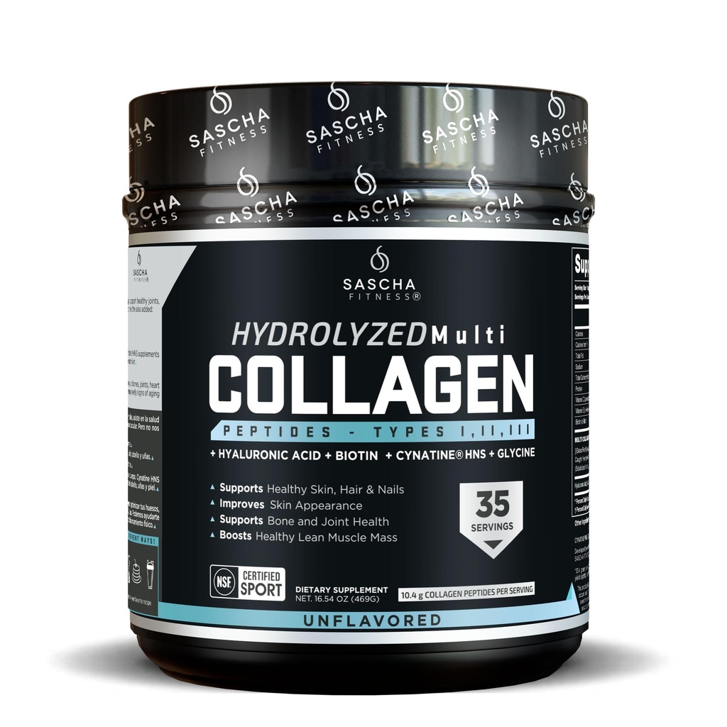 SASCHA FITNESS Hydrolyzed Multi Collagen, Tipes 1.2 & 3 |Hyaluronik Asit|Biotin |Cynatine HSN|Vitamin C & E | For Hairs, Skin & Bone Support| Unflavored
