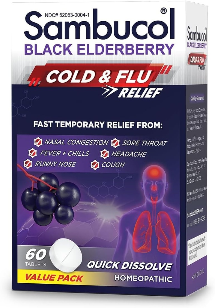Sambucol Cold ve Flu Relief Tabletleri - Homeopathic Cold Medicine, Cold Remedy for Yetişkinler, Black Elderberry for Colds, çinko Cold Remedy - 60