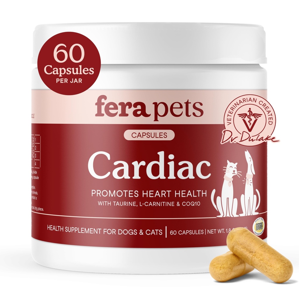Fera Pets Cardiya Desteği - Cat & Dog Heart Supplement with Taurine, L-Carnitine, & CoQ10 - Normal Circulation and Heartbeat - 60 Capsules