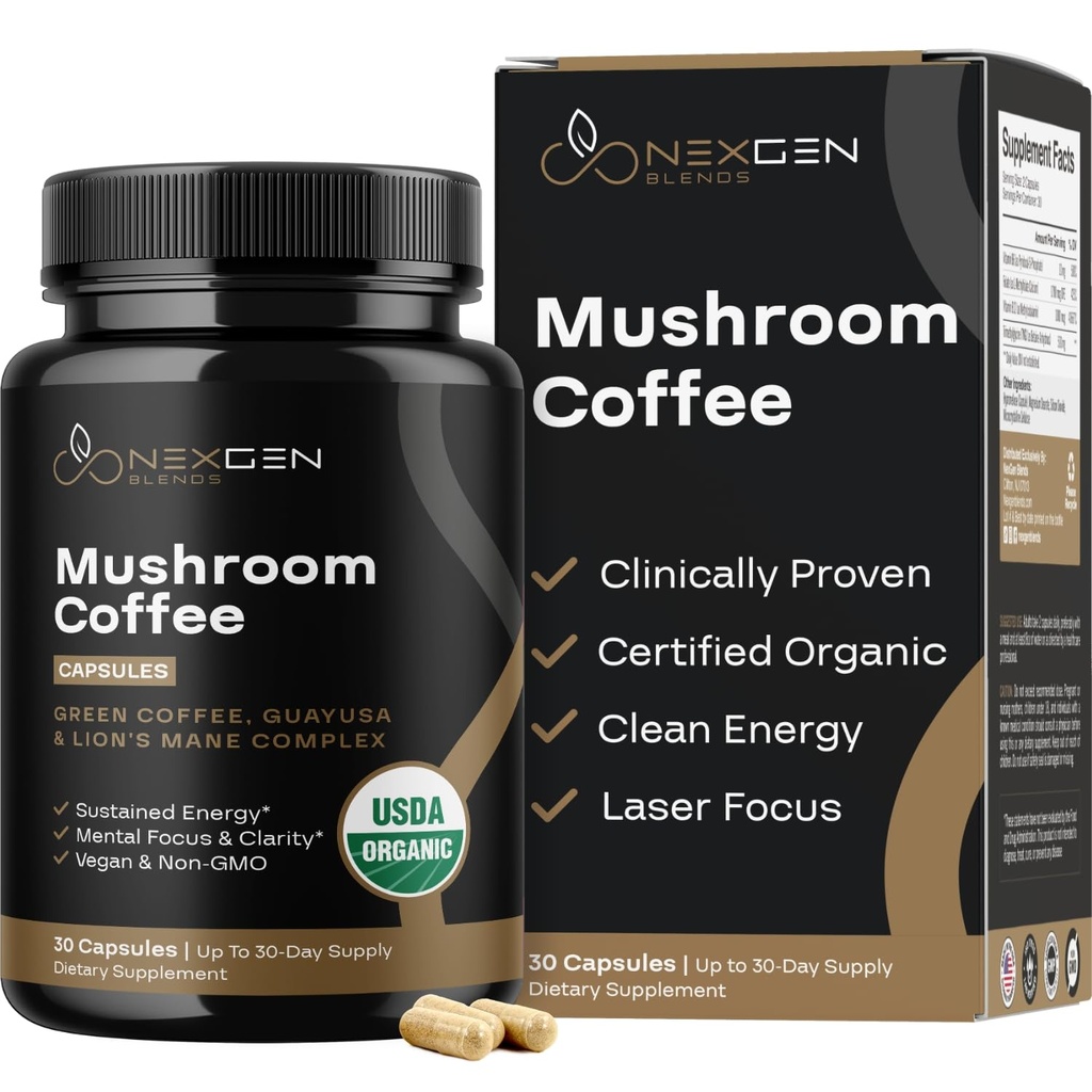 100% Organik Mushroom Kahve Capsules - Doğal Enerji Supplement 130 mg Caffeine Klinik Olarak Proven Patentli Yeşil Kahve Bean & Guayusa, Jitter-Free Energy & Focus (30 hizmet) için alıntılar