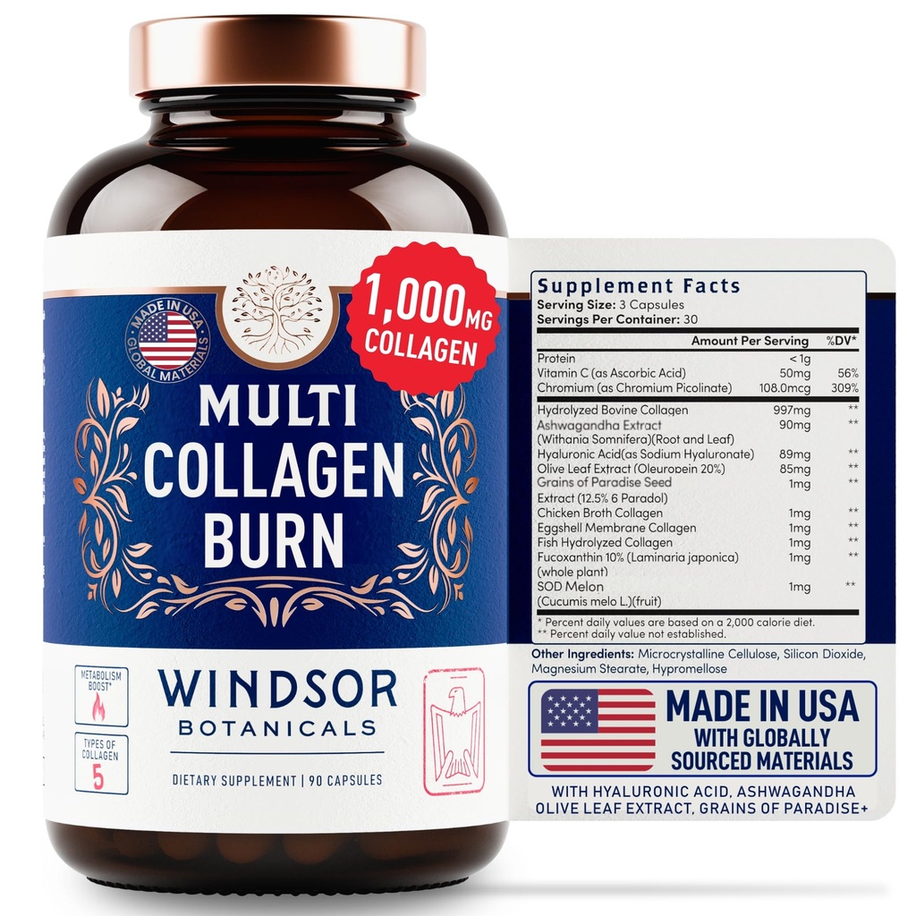 Θερμογόνο Multi Collagen Burn Κάψουλες - Hydrolyzed Multi Collagen Complex Types I, II, III, V, X, Marine Collagen, Hyaluronic Acid - Beauty and Anti-Gage Supplement for Women and Men - 90 Pills