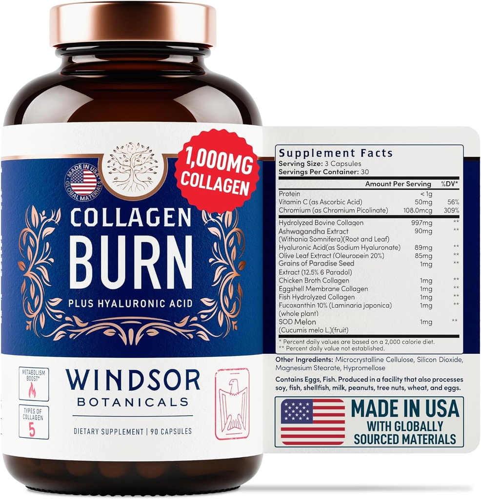 Termogenic Multi Collagen Burn Capsules - Hydrolyzed Multi Collagen Kompleks Tipleri I, II, III, V, X, Marine Collagen, Hyaluronic Acid - Beauty and Anti-Aging Supplement for Women and Men - 90 Pills