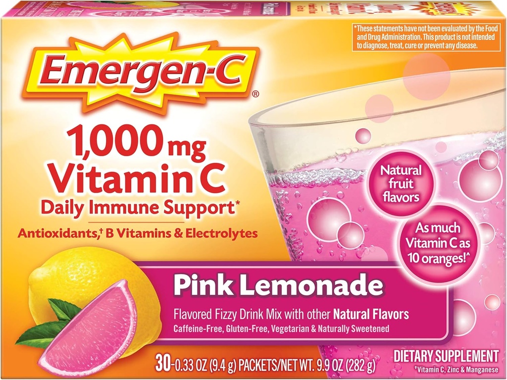 Emergen-C 1000mg σε σκόνη βιταμίνης C, με αντιοξειδωτικά, Β Βιταμίνες και Ηλεκτρολύτες, Συμπληρώματα Ανοσίας για την Ανοσολογική Υποστήριξη, Caffeine Free Fizzy Drink Mix, Pink Λεμονάδα Γεύση - 30 Count (Pack of 12)
