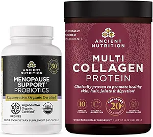 Menopause için Antik Beslenme Rejeneratif Organik Onaylı Probiyotikler, 60 Kont + Multi Collagen Protein Toz Unflavored, 45 Hizmetler