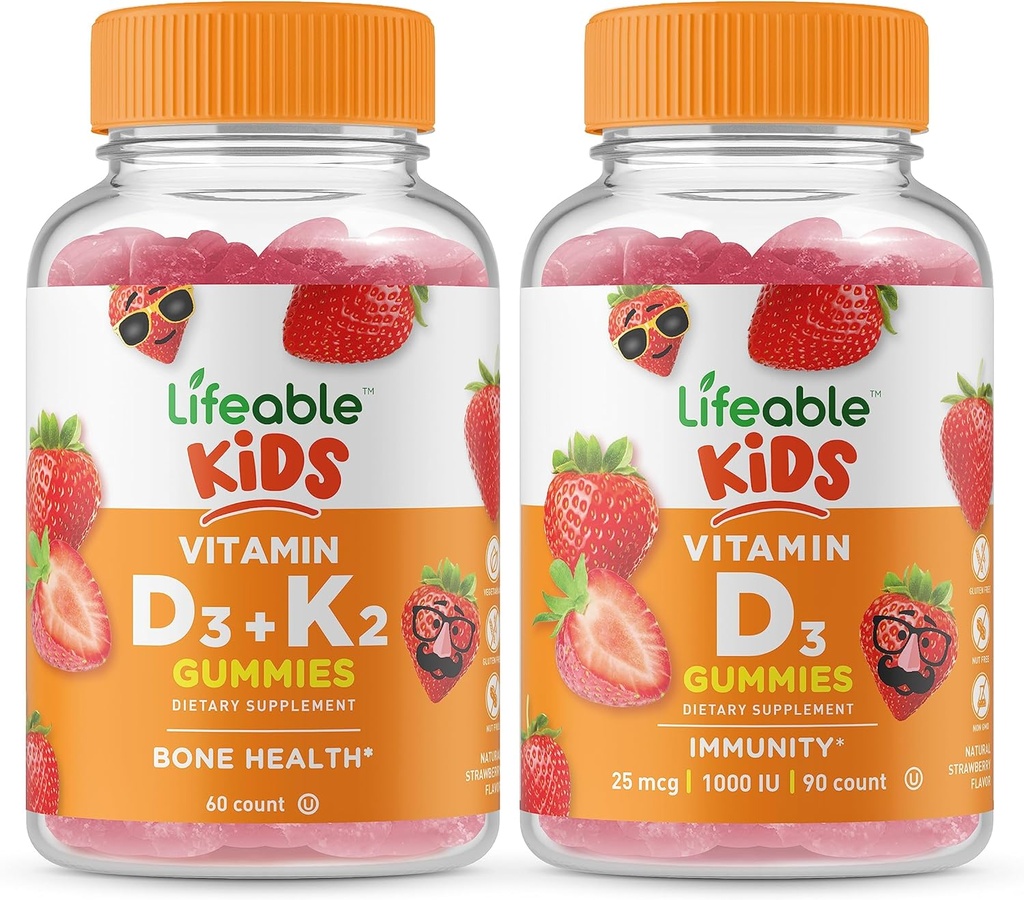 Lifeable Vitamin D3 + Vitamin K2 Kids + Vitamin D Kids, Gummies Bundle - Great Tasting, Vitamin Supplement, Gluten Free, GMO Free, Chewable Gummy