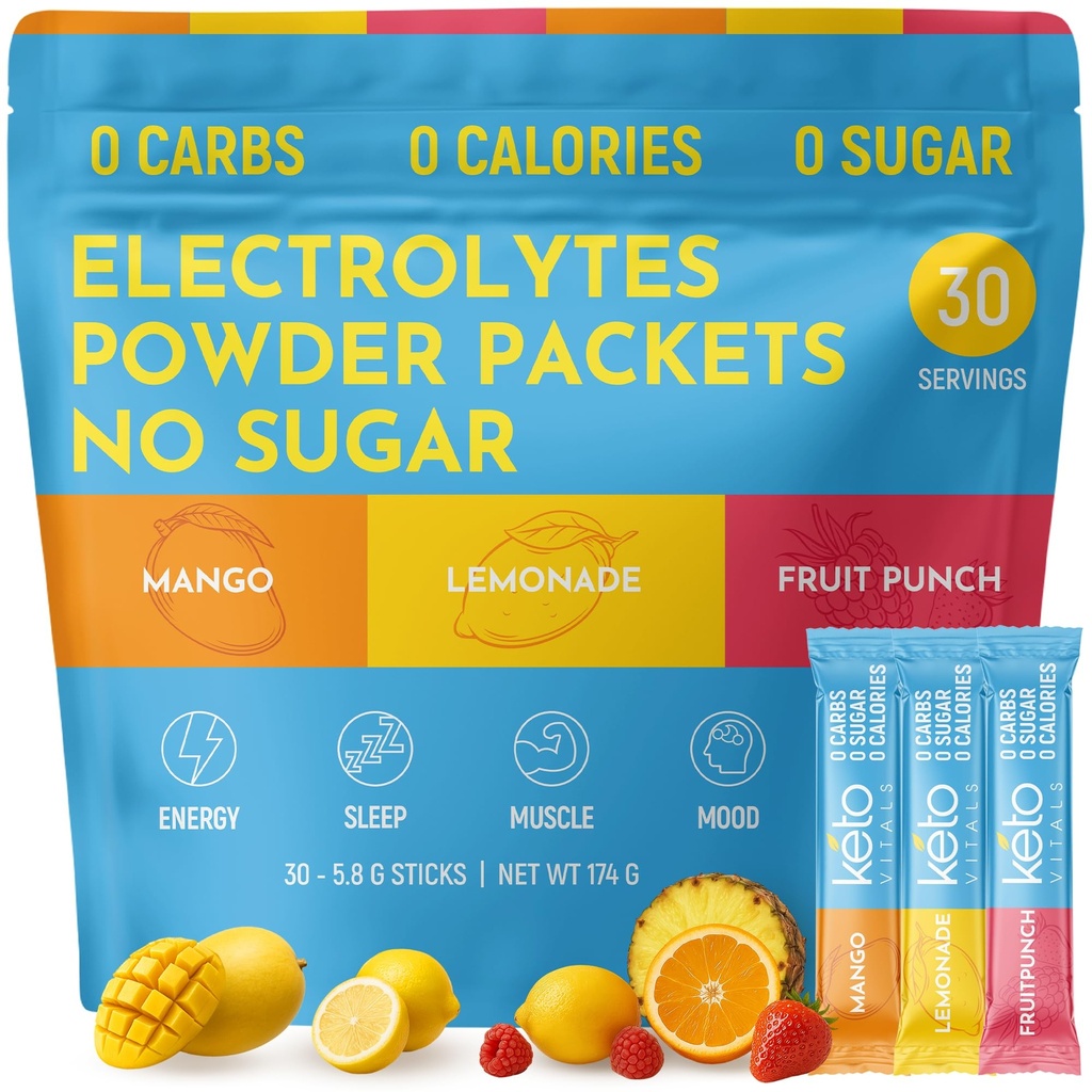 Keto Vitals Original Electrolytes Toz Paketleri | Keto Friendly Electrolyte Hydration Packs | Sugar Free Electrolytes | Energy Drink Mix | Zero Calorie Zero Carb (Original Assorted, 30 Count)