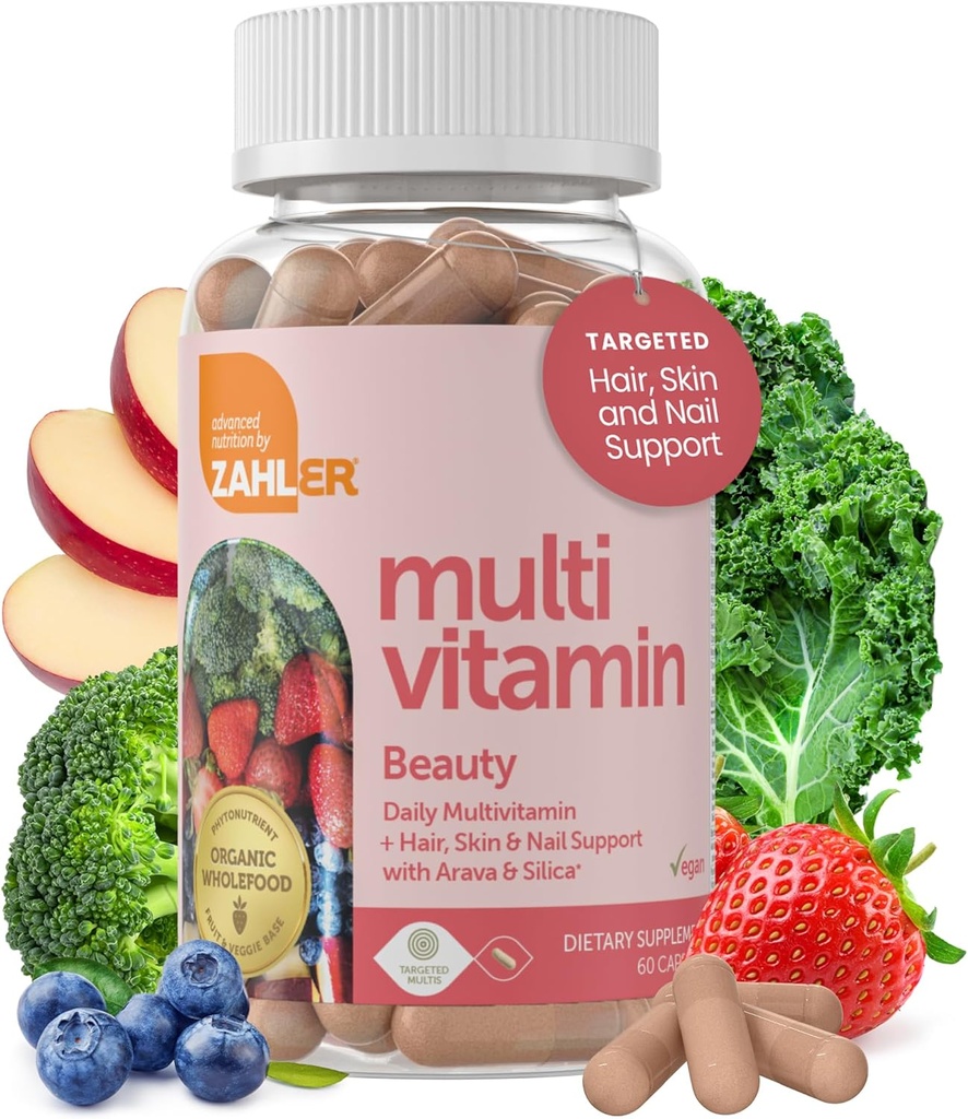 Zahler Multivitamin Beauty, Καθημερινή Multivitamin +Skin Hair and Nails Υποστήριξη, για γυναίκες και άνδρες με σίδηρο, Certified Kosher, 60 κάψουλες