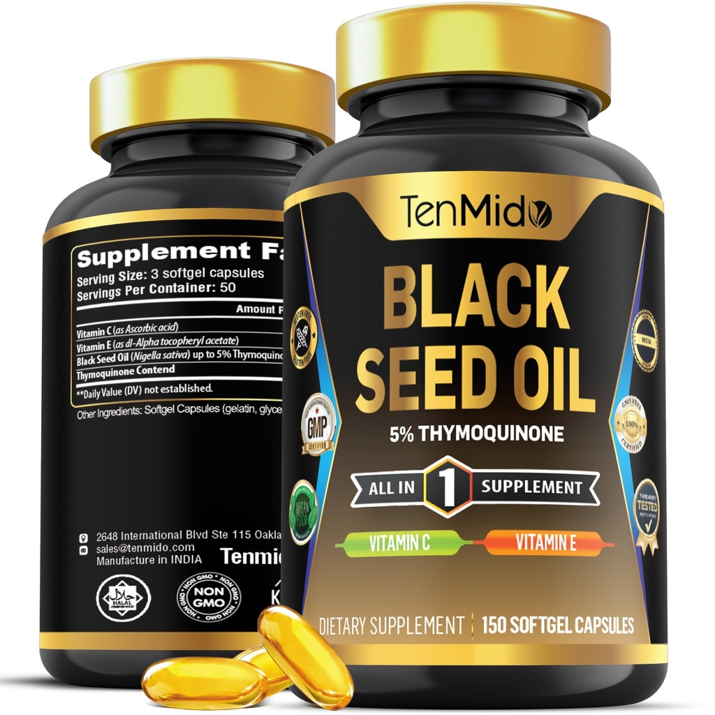Black Seed Oil Capsules Supplement - 4in1 Formula - Combine with Vitamin C, Vitamin E - Digestive Health, Immune Support - Rich in Nutrient - 150 Softgel Capsules