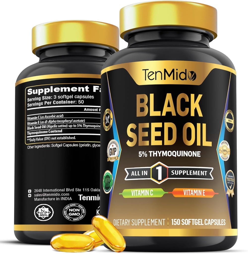 Black Seed Oil Capsules Supplement - 4in1 Formula - Vitamin C, Vitamin E - Digestive Health, Immune Support - Nutrient - 150 Softgel Capsules