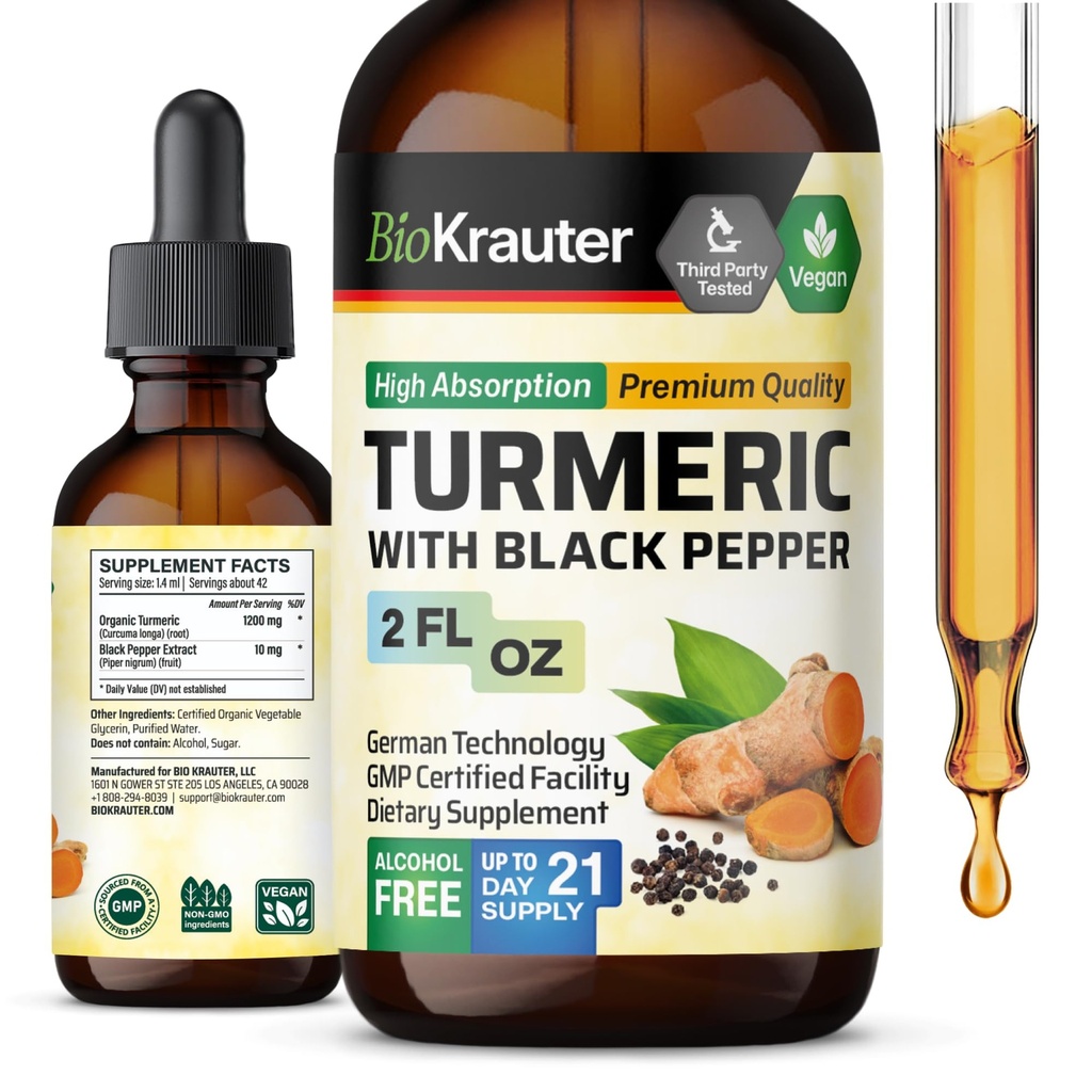 BIO KRAUTER Turmeric Supplement Tincture - 1200 mg Turmeric Curcumin with Black Pepper Extract - Alkol ve Şeker Free - Vegan Drops 2 Fl.Oz.