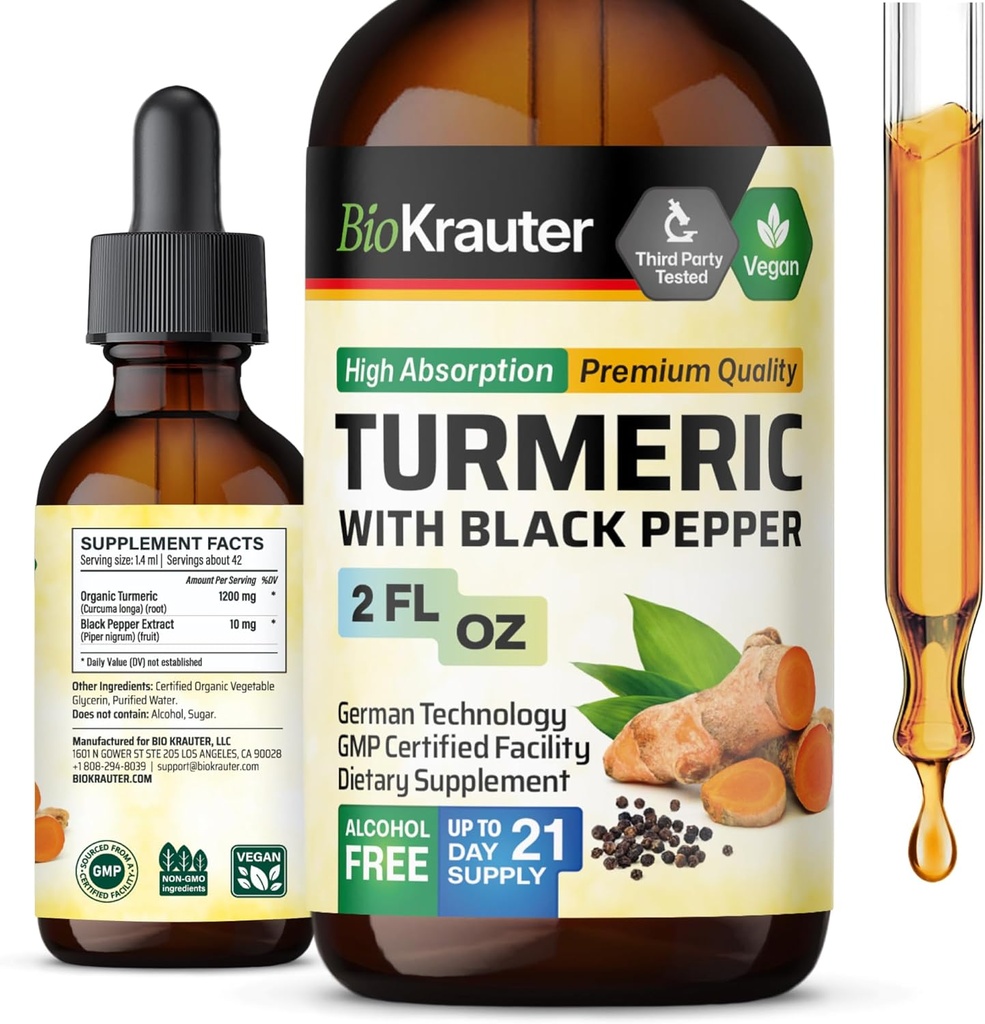 BIO KRAUTER Turmeric Supplement Tincture - 1200 mg Turmeric Curcumin with Black Pepper Extract - Alkol ve Şeker Free - Vegan Drops 2 Fl.Oz.