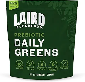 Laird Superfood Prebiyotik Daily Greens Toz - Temel Vitaminler ve Mineraller - Prebiyotik Fiber, Adaptogen ve Meyveler & Sebzeler - Destekler Gut Health - Non-GMO, Vegan - 14.8 oz Bag, 1 Paketi