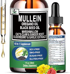 16-in-1 Organik Mullein Drops for Lungs | Mullein Leaf Extract w/Oil of Oregano with Black Seed Oil | Non-GMO&Gluten Free Respiratory Health Liquid Drops | Mullein Supplement Cleanse for