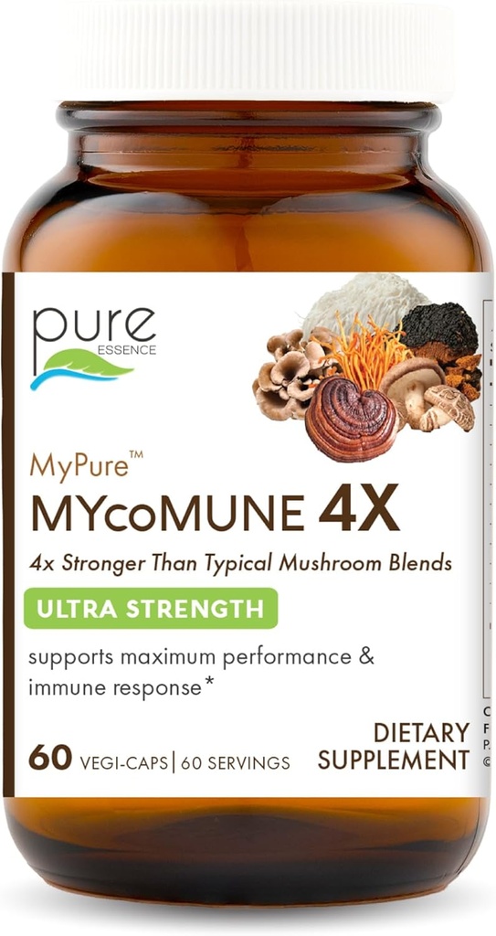 MycoMune 4X Organik Mushroom Supplement - Reishi, Lion's Mane, Cordyceps, Chaga, Shiitake, Maitake for Immune System, Combat Stress, Build Energy by Pure Essence - 60 Caps