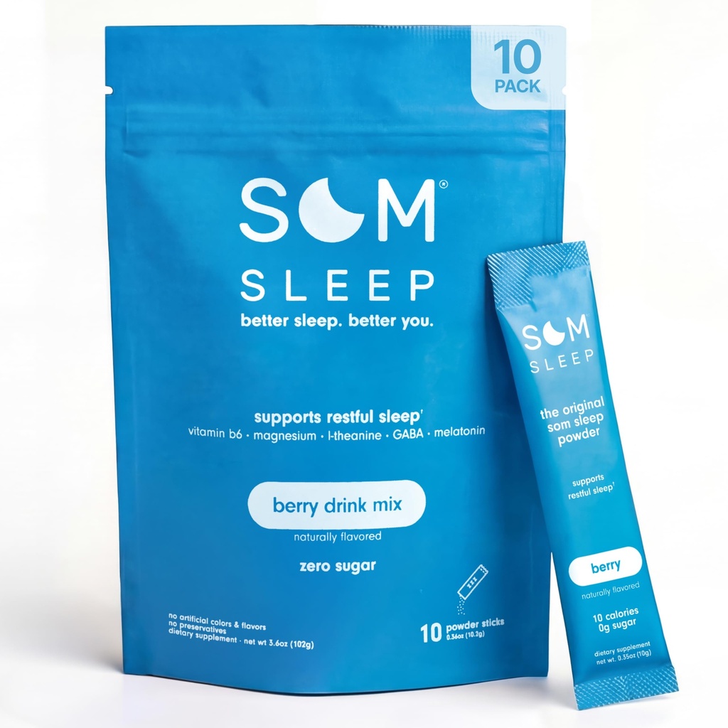 Som Sleep, Calm Sleep Toz İçecek Mix, 3 mg Melatonin, Magnezyum B6, L-Theanine & GABA – Vegan, Zero Sugar, Keto Friendly – Berry, 10Pack