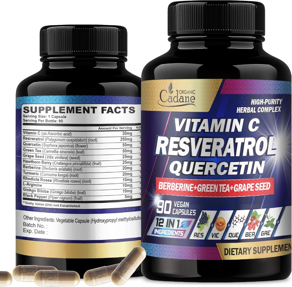 Organik Cadane Resveratrol Tamam - 12in1 VIT.C, Querce, Berberine, Turmeric, Green Tea & More - 90 Capsules 3 Ay