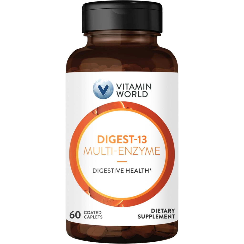 Vitamin World Digest-13 Multi-Enzyme, 1010mg Digestive Enzymes Blend with Amylase, Bromelain, Papain & Lipase for Digestion and Absorpation, Digestive Enzymes for Bloating & Gas, 60 Caplets