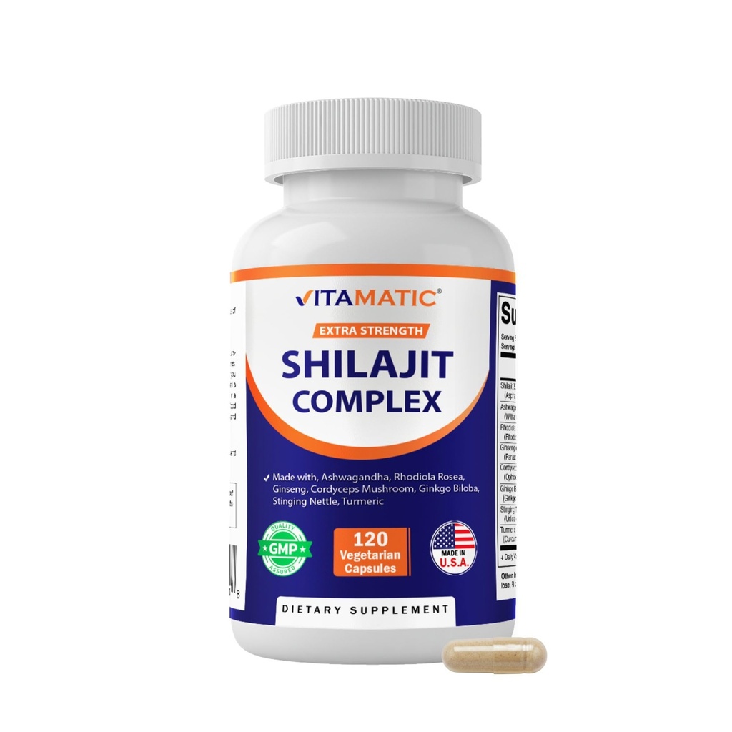 Vitamatic Shilajit Complex κάψουλες, Φτιαγμένα με Ashwagandha, Rhodiola, Ginseng, Cordyceps, Ginkgo, Νέτλ, Turmeric - 120 Veggie Κάψουλες - Extra Strength Shilajit Extra Extra Extra Strength Extract for Men & Women
