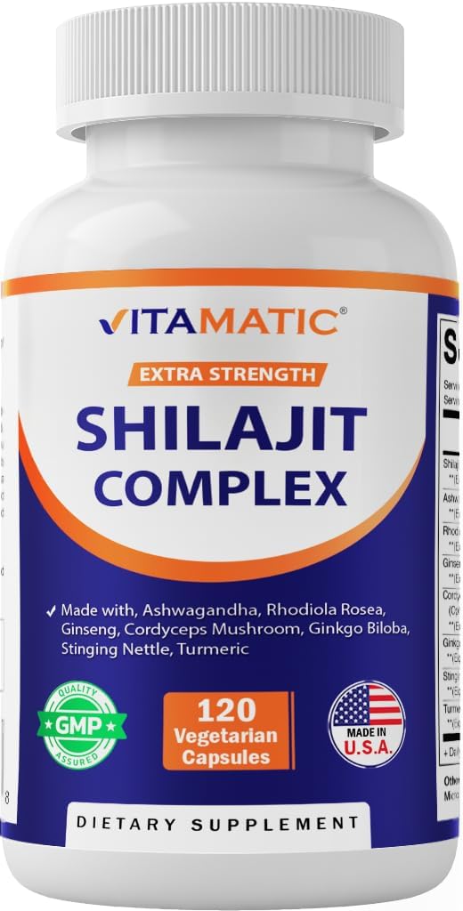 Vitamatic Shilajit Kompleks Capsules, Ashwagandha, Rhodiola, Ginseng, Cordyceps, Ginkgo, Nettle, Turmeric - 120 Veggie Capsules - Ekstra Kuvvet Şilajit