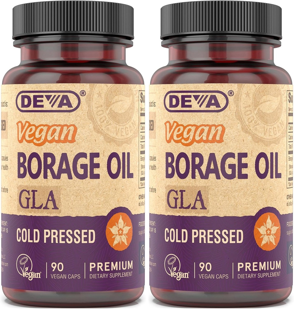 DEVA Vegan Vitaminleri, Borage Oil 500mg, Omega-6 Fatty Acid GLA (Gamma linolenic Acid), Cold-Pressed & Unrefined, 90 Tablet (Pazarlama)