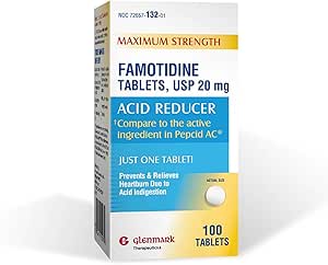 Glenmark Maximum Strength Famotidine Tablets, 20 mg, Acid Reducer for Heartburn Relief, 100 Count
