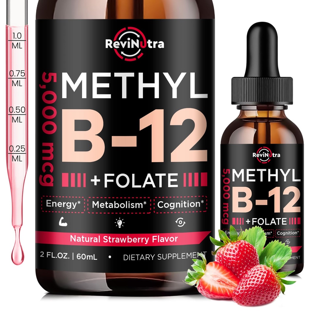 B12 Vitamini, B12 Vitamin 5000 mcg, B12 Vitamini Mekotik, B6, Enerji için Folate, Beyin, Kalp Sağlığı, Vegan Strawberry Flavor 2 Fl Oz