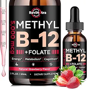 B12 Vitamini, B12 Vitamin 5000 mcg, B12 Vitamini Mekotik, B6, Enerji için Folate, Beyin, Kalp Sağlığı, Vegan Strawberry Flavor 2 Fl Oz